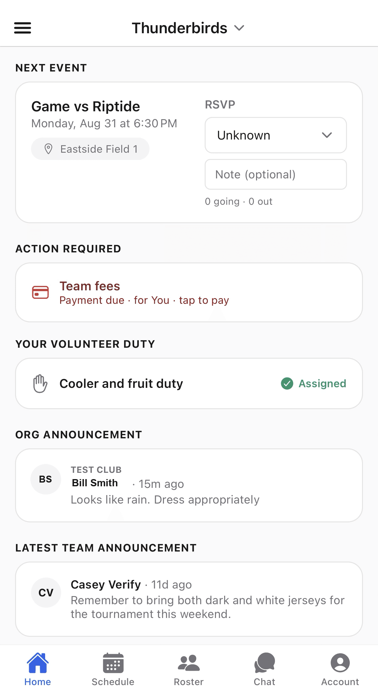 OnFieldHQ app Home screen showing the next event, action items, and team announcements